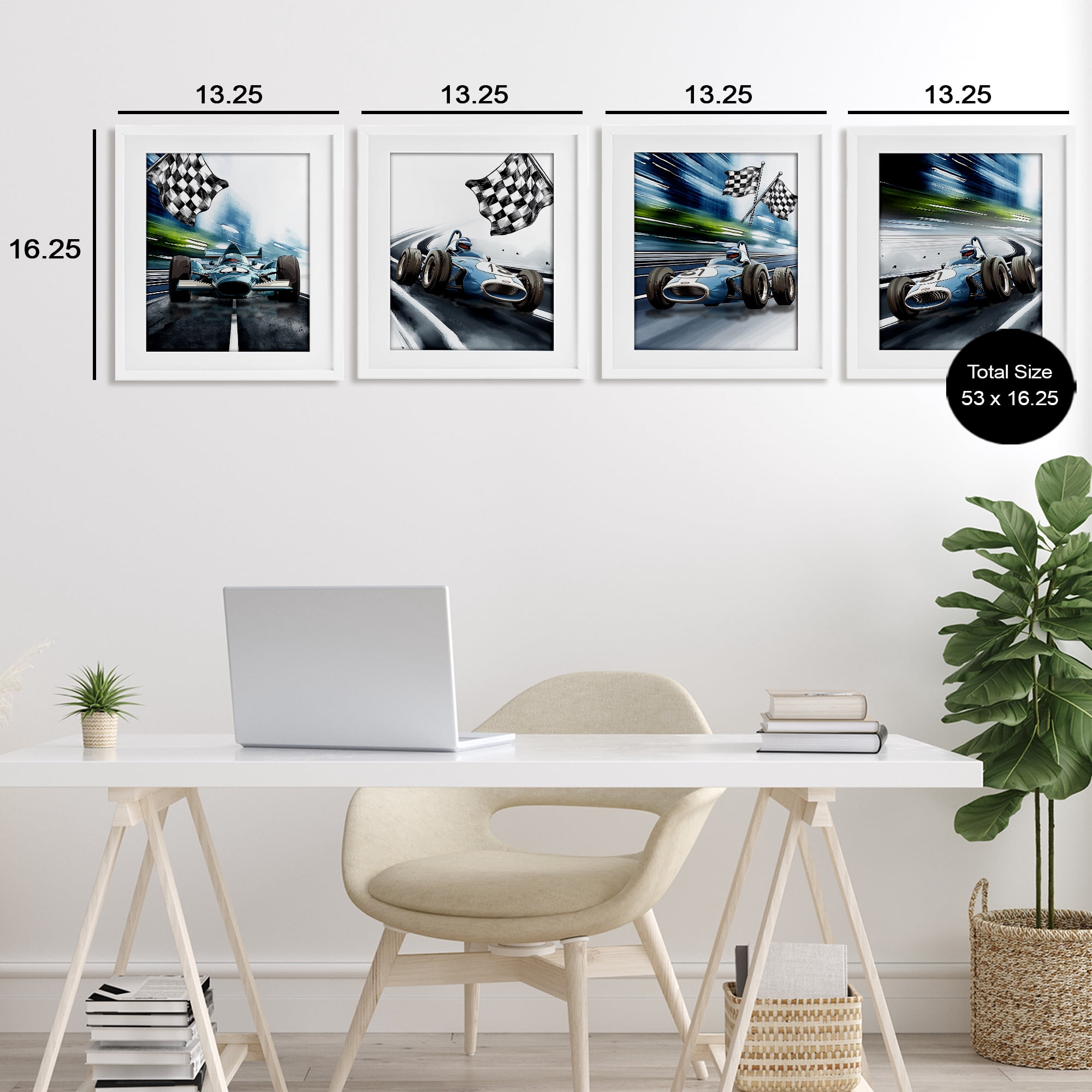 Stupell Industries Ready Set Racecars 4 Piece White Framed Print Under Glass Set, design by Christine Simpson Art