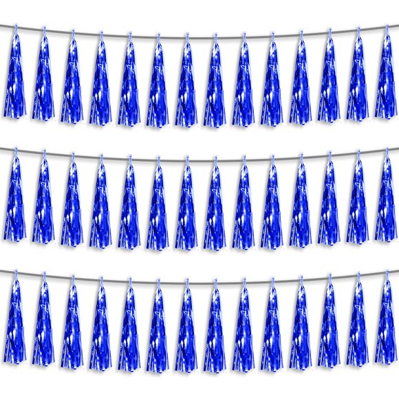 Banner con flecos de lámina azul con forma de serpentinas con borlas para decoración de fiestas