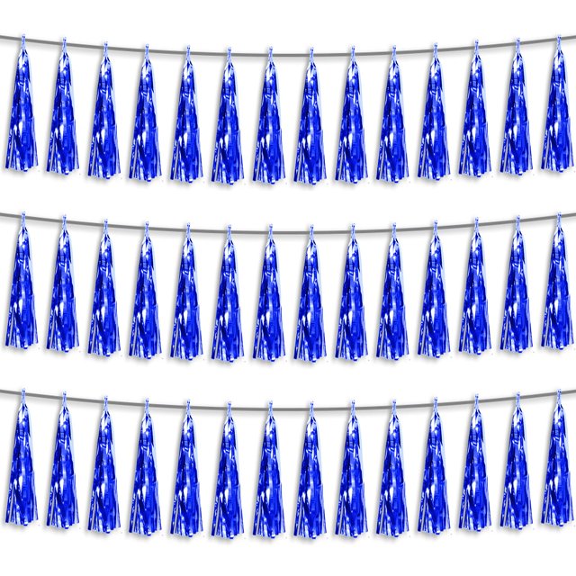 Banner con flecos de lámina azul con forma de serpentinas con borlas para decoración de fiestas