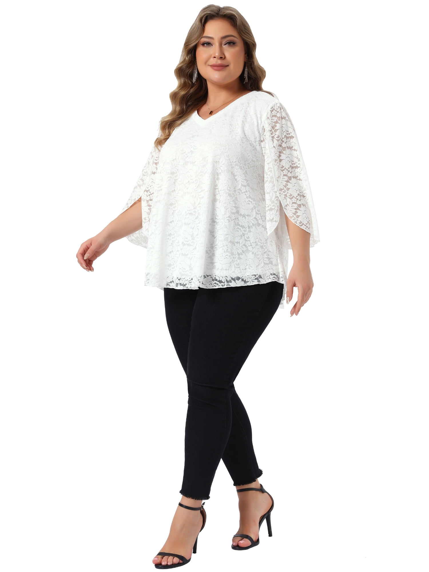 DARING DIVA Women's Plus Lace Top V-Neck Bell Sleeve Blouse Tunics 1X White
