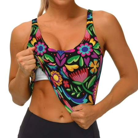 Qokaie Colorful Floral Embroidery Mexican Pattern Womens Scoop Neck Sports Bra Breathable Workout Vest Padded U Back Medium Impact Fitness Gym Yoga Bra Workout Crop Top