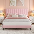 thumbnail image 1 of QinaQin Base de cama Queen tapizada en terciopelo color rosa, con cabecera ajustable y capitonado vertical, ideal para recámara, 1 of 7