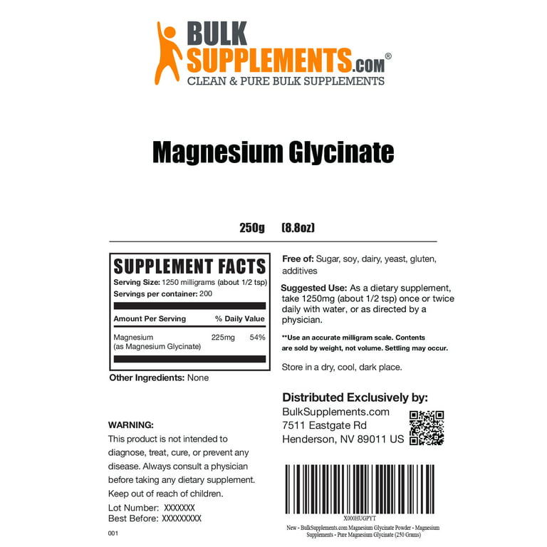  BulkSupplements.com Magnesium Glycinate Powder - Magnesium  Bisglycinate, Magnesium Supplement, Magnesium Glycinate 400mg - Pure  Magnesium Glycinate - 2200mg per Serving, 250g (8.8 oz) : Health & Household