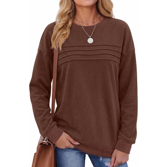 UVN Sweatshirts for Women Casual Long Sleeve Shirts Loose Fit Pleated Front Crewneck Tunic Tops