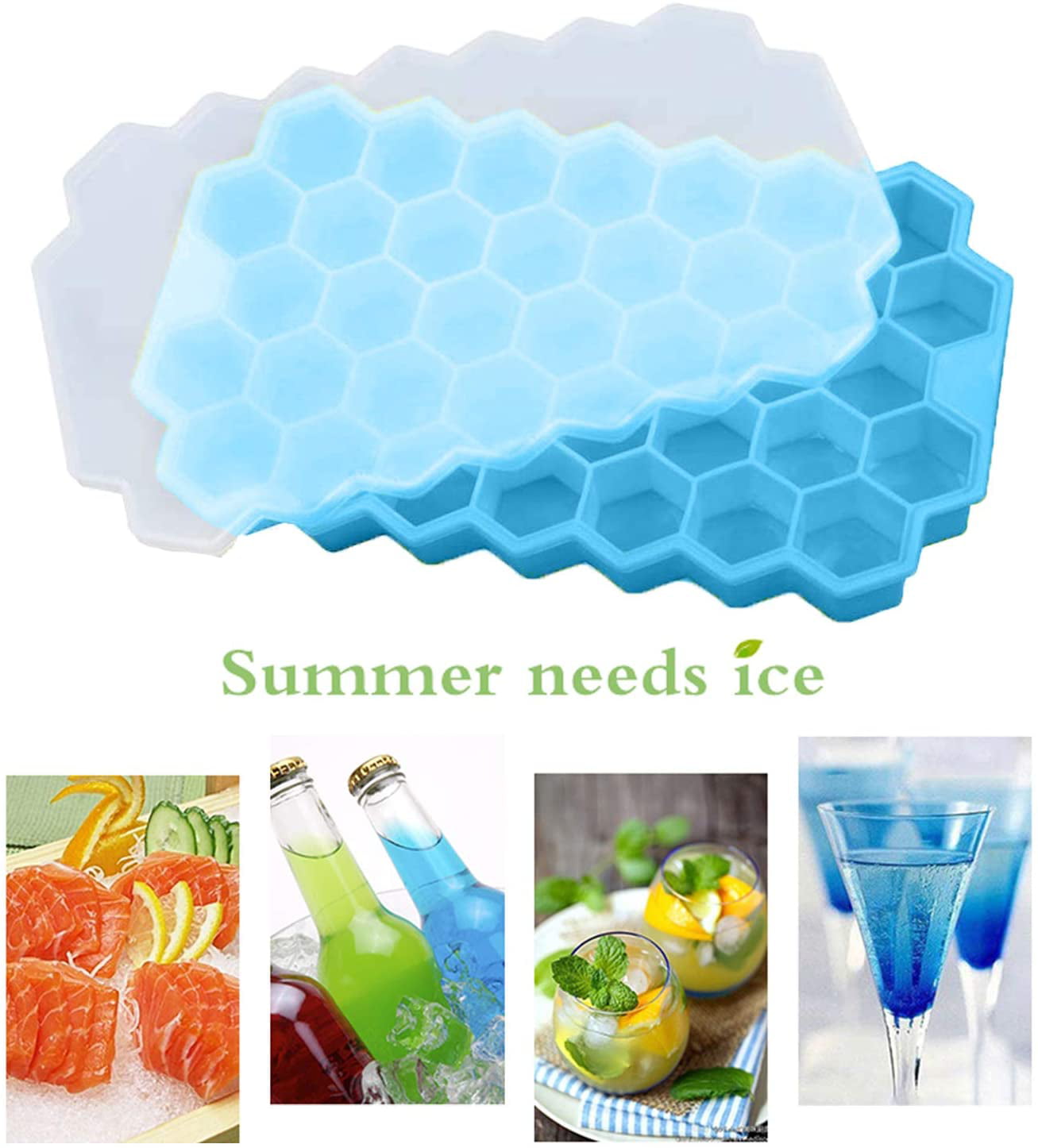 Flexible,Stackable Ice Cube Tray with Lids Civaza 2 Pack Ice Trays Ice Cube Trays Silicone ice tray for Whiskey and Cocktail blue+green BPA Free 