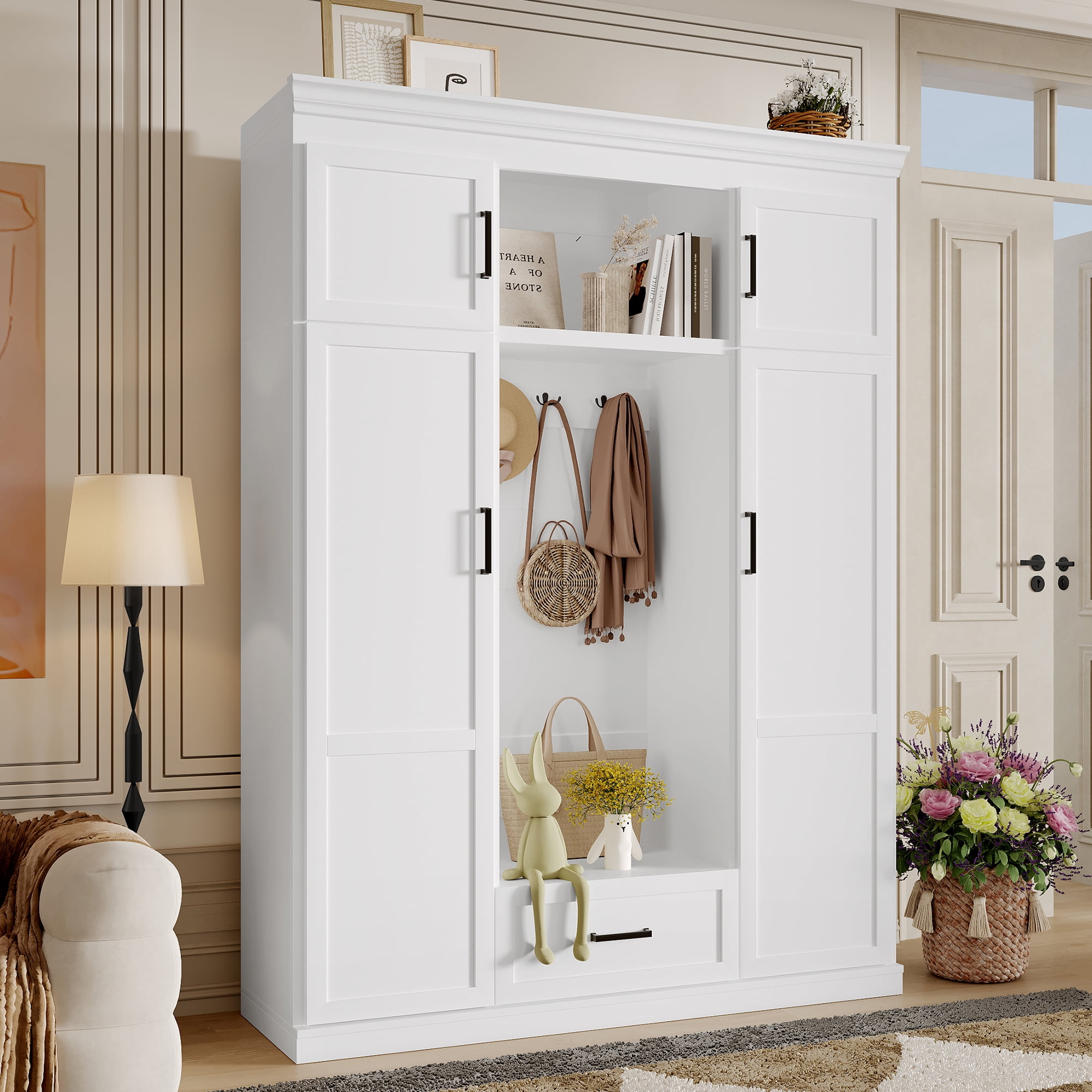 Euroco Modern Large Hall Tree with Hooks, Cabinets, Adjustable Shelves, and Seating Bench
