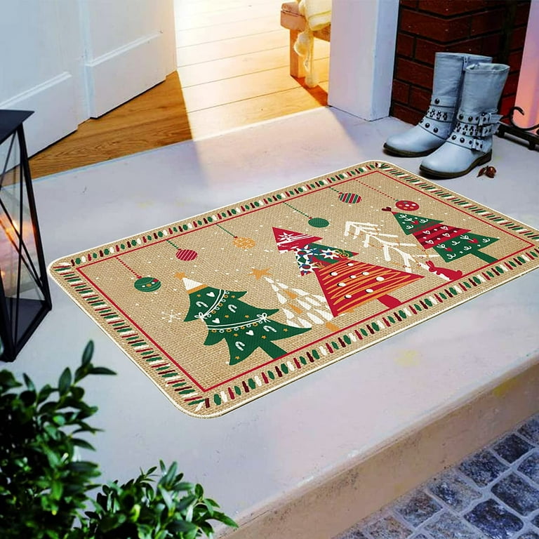 JOOCAR Christmas Mat, Blue Winter Snow Night Fawn Merry Christmas Tree  Christmas Mat for Home Kitchen Starter Home Front Door Welcome Indoor  Outdoor