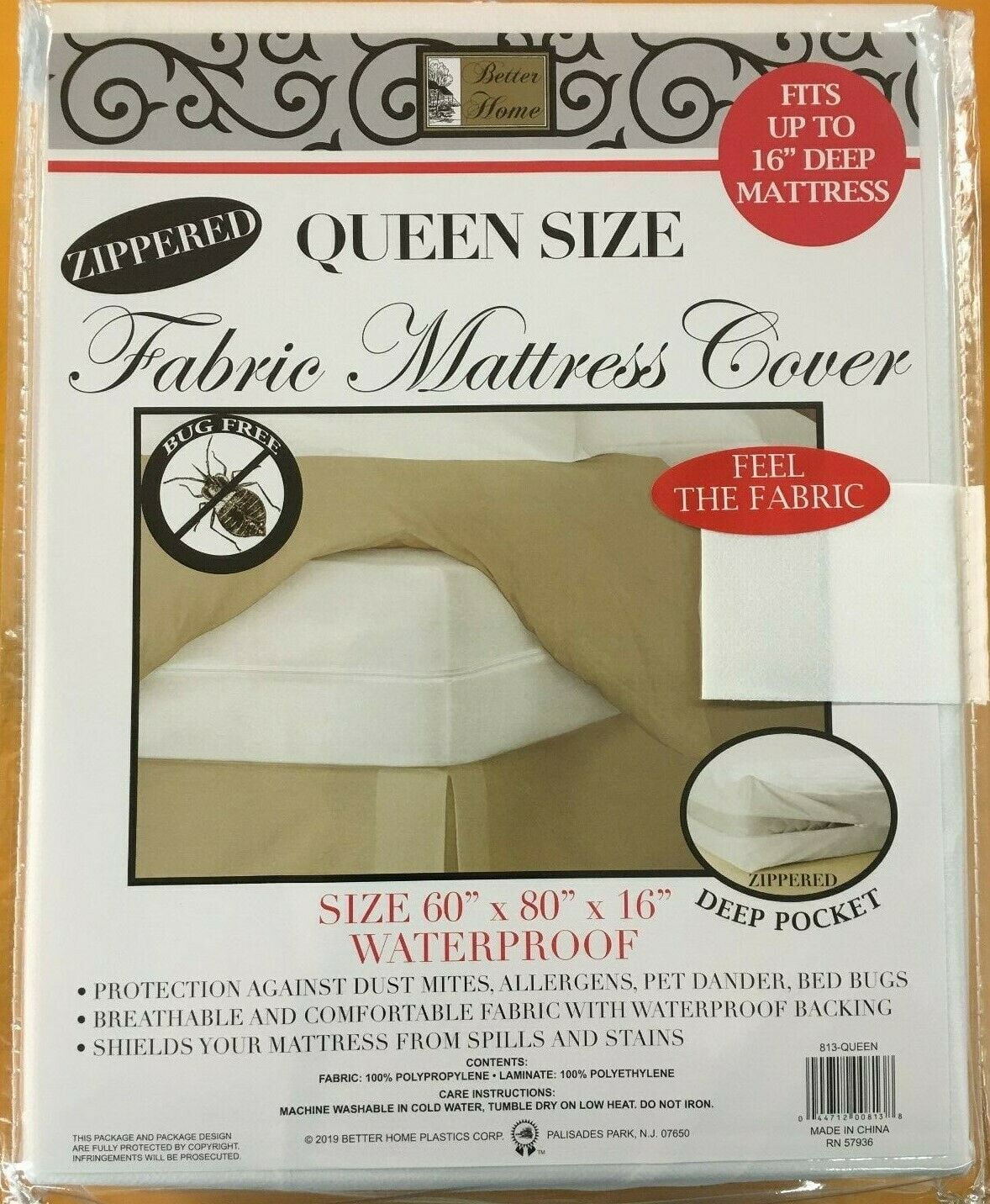 Extra Deep Zippered Fabric Mattress Cover, Protects Against Bed Bugs