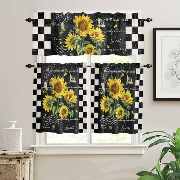 Sunflower Kitchen Curtain Valance and Tiers Set Summer Flower Bees Rod Pocket Kitchen Tier & Valance Set 3 Piece Retro Black White Buffalo Plaid Window Curtain Valance Tier Set 54 in x 24 in