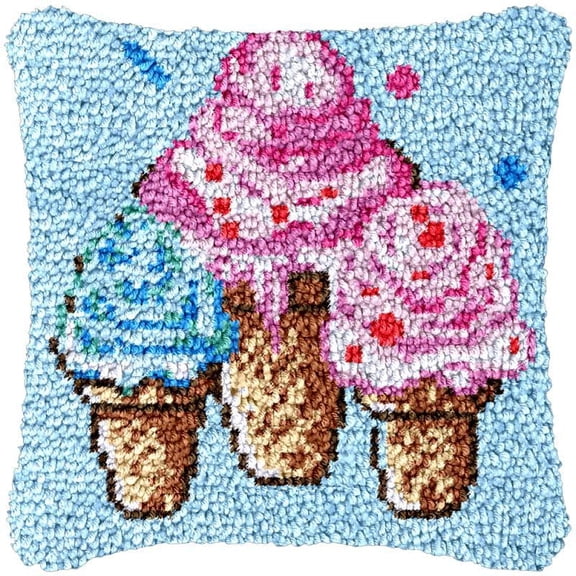 Ice Cream Cone Latch Hook Pillow Cover Kits for DIY Needlework Cushion Handmade Throw Pillow Cross Stitch Latch Hook Pillowcase Rug Cushion Kits Crochet Yarn Kits Needlework 17'' X 17''