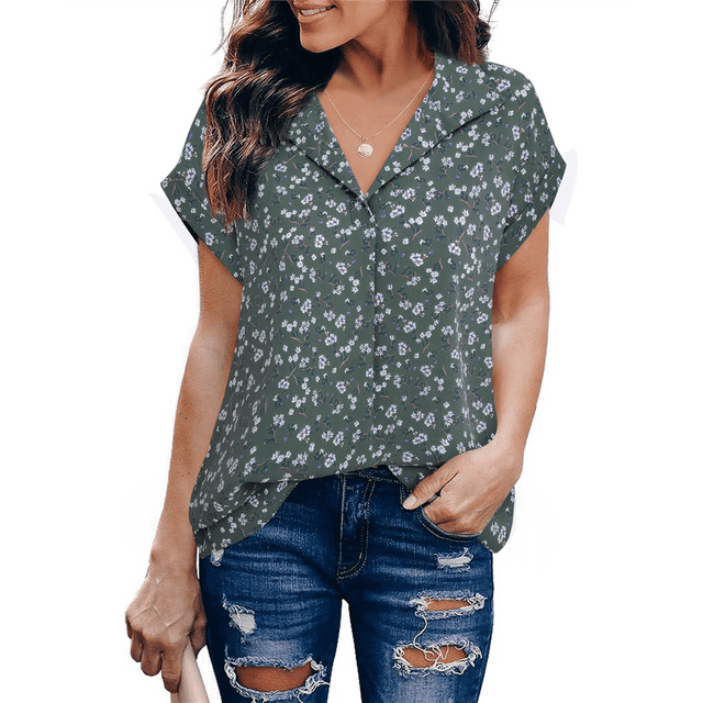 Blusa de Verano de Corta para Mujer, Elegante Túnica Informal de Negocios con Cuello de Solapa, Estampado Floral Verde XXL