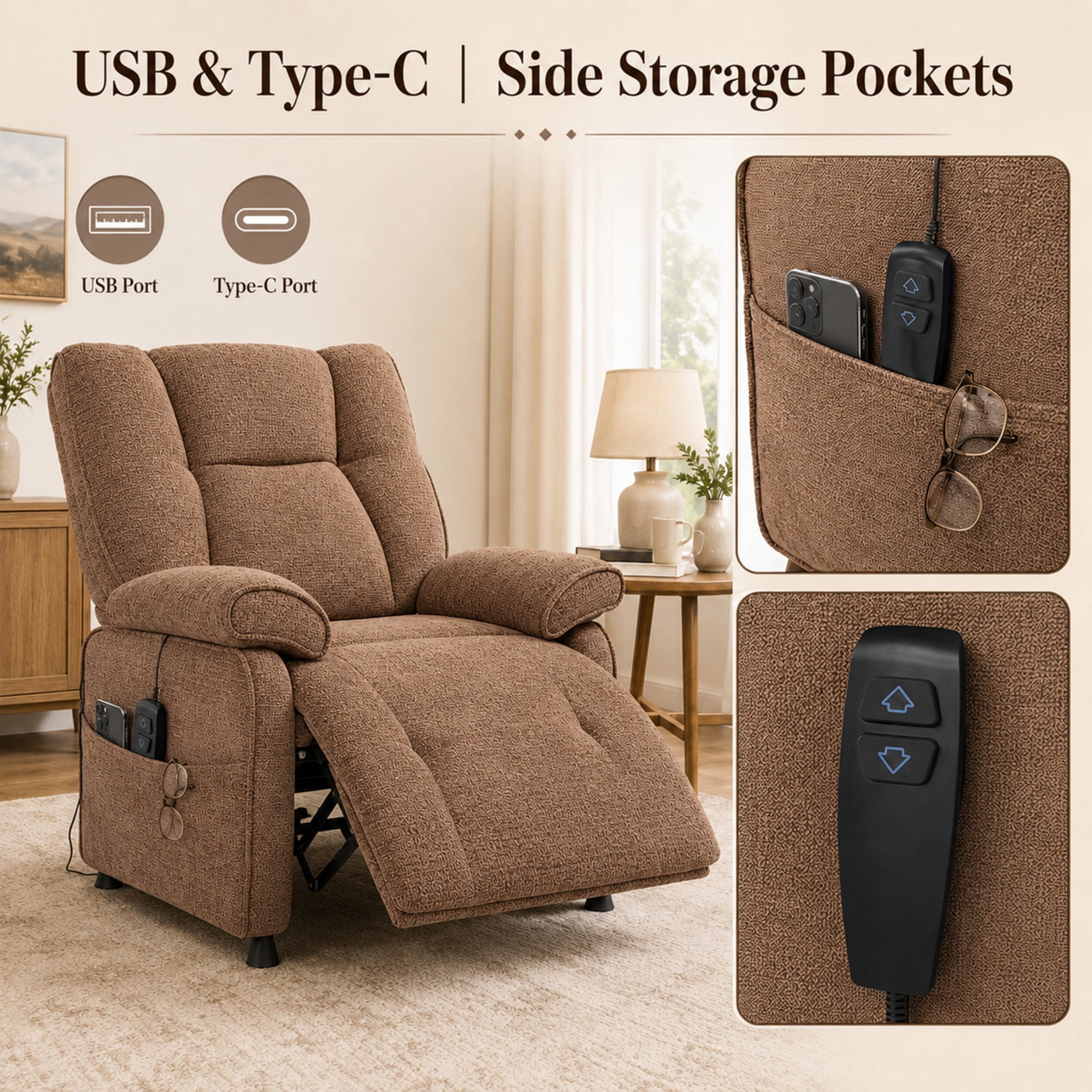 GDF Studio Rosane Electric Power Recliner Chair with Side Storage Pocket, Chenille Multi-Scene Lounge Chair, Dark Brown