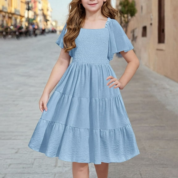 BRGZLK Girls Summer Dress Trendy Solid Boho Casual Smocked Swing Flowy Ruffle Waist Cinched Midi Dresses with Pockets Blue 12-13 Years
