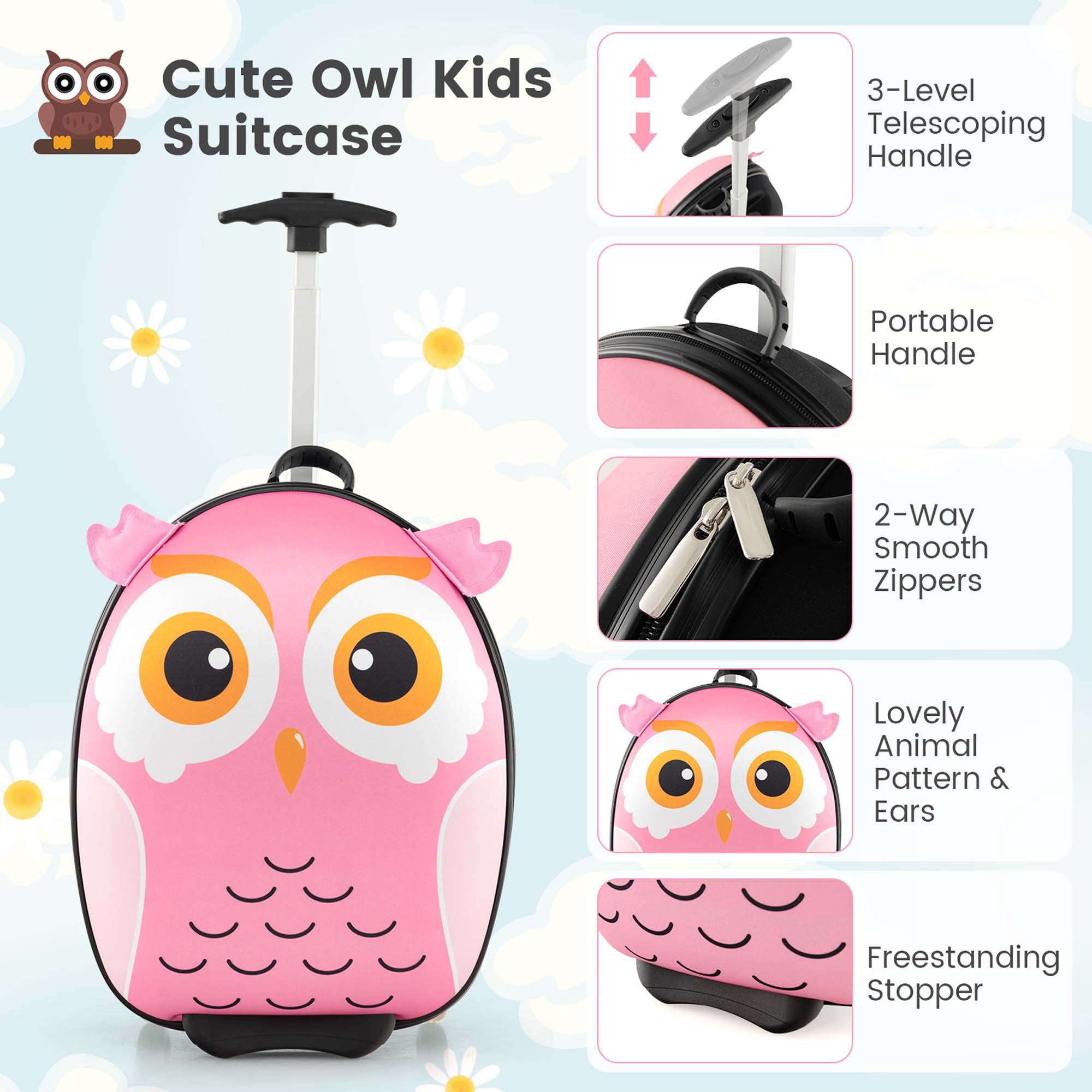 Costway 2PCS Kids Carry On Luggage Set 16'' Owl Rolling Suitcase with 12'' Backpack Travel Pink