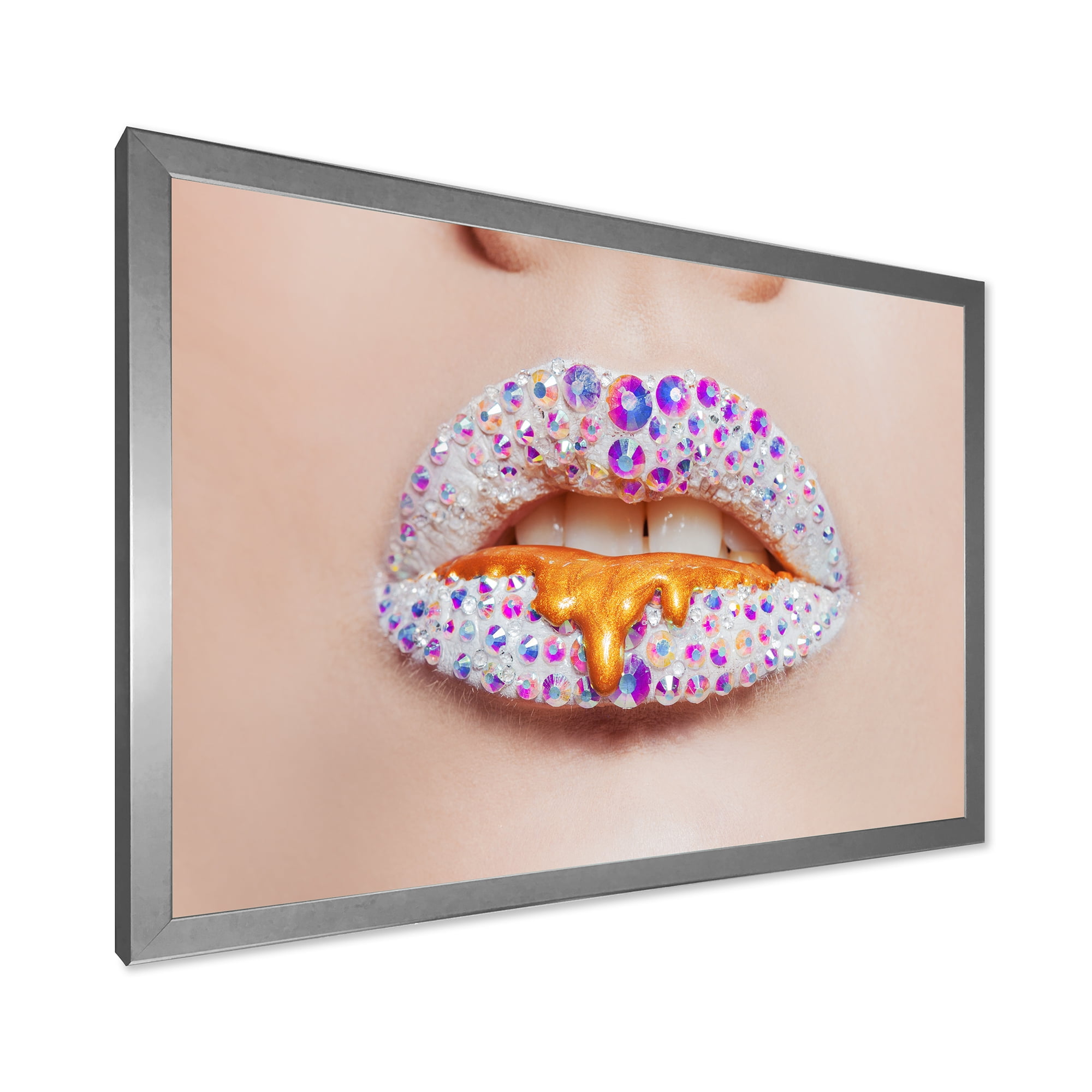 Designart 'Shining Woman Lips Covered With Rhinestones and Smudges' Modern Framed Art Print
