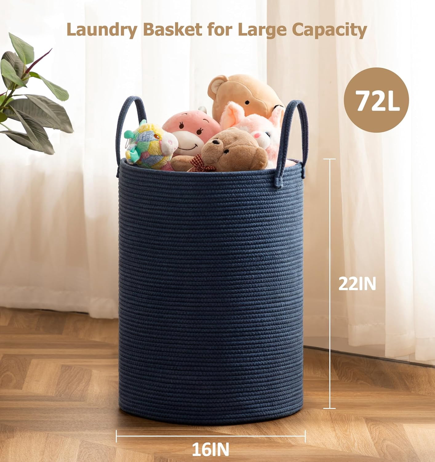 TT-Laundry Basket, 72L Woven Laundry Hamper, Baby Nursery Hamper for Toys, Blanket Basket for Living Room, Clothes Hamper for Bedroom&Baby Room, Blue