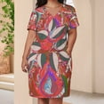 thumbnail image 3 of Red Floral Paisley Textile Design Women's Summer Short Sleeve Casual Dresses Party Dress, 3 of 5