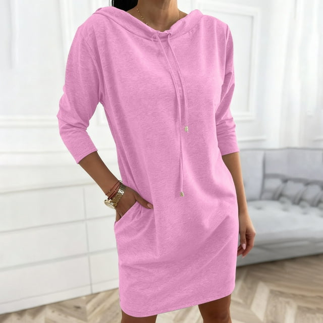 Mceream Robe Chandail pour Femme 2025 Décontractée à Manches 3/4 Mini-Robe Col Montant à Cordon Chandail Tunique à Enfiler avec Poches Grande Taille Manteau Chamarras Para Mujer Rose G