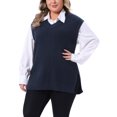 thumbnail image 4 of Chaleco de suéter de mujer plus size Agnes Orinda, tejido acanalado, cuello en V, sin mangas, con dobladillo dividido, blusa casual sin mangas 2X azul oscuro, 4 of 6