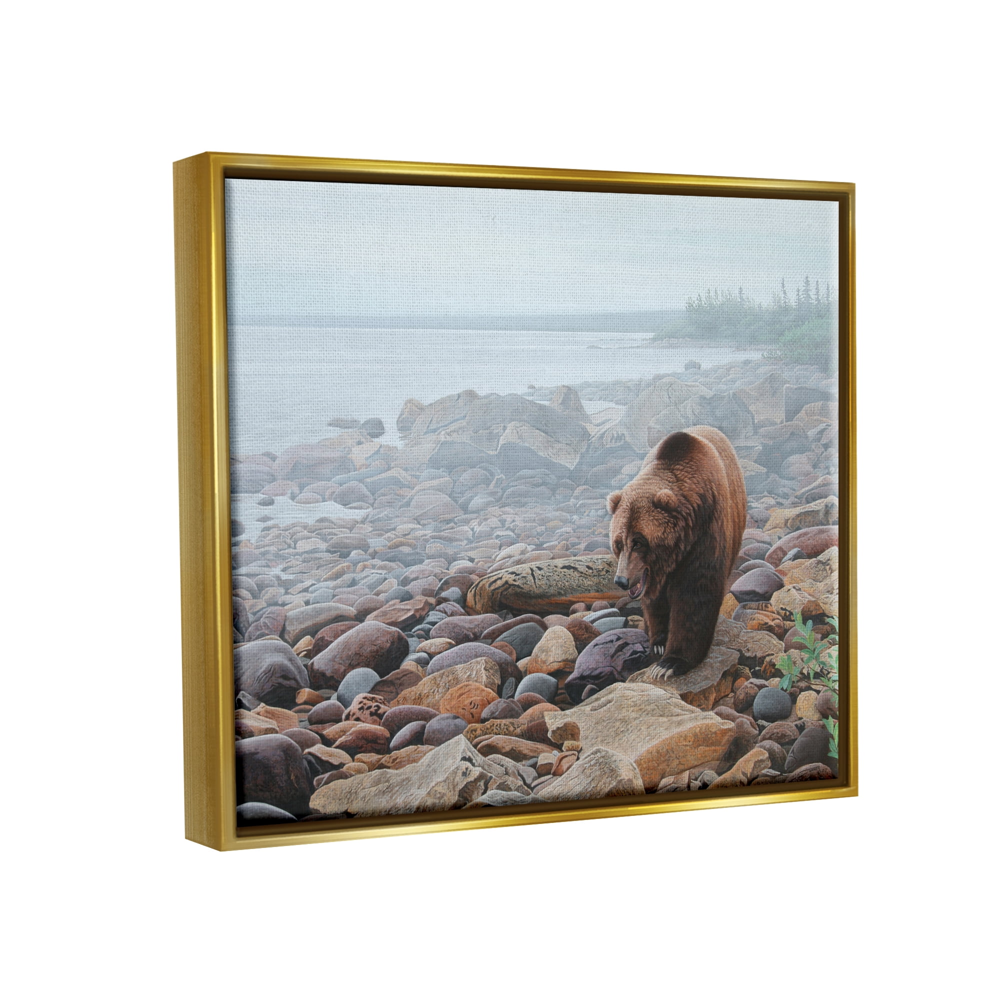 Stupell Industries Bear on Rocky Shore Nature Photography Gold Floater Framed Art Print Wall Art, 21 x 17