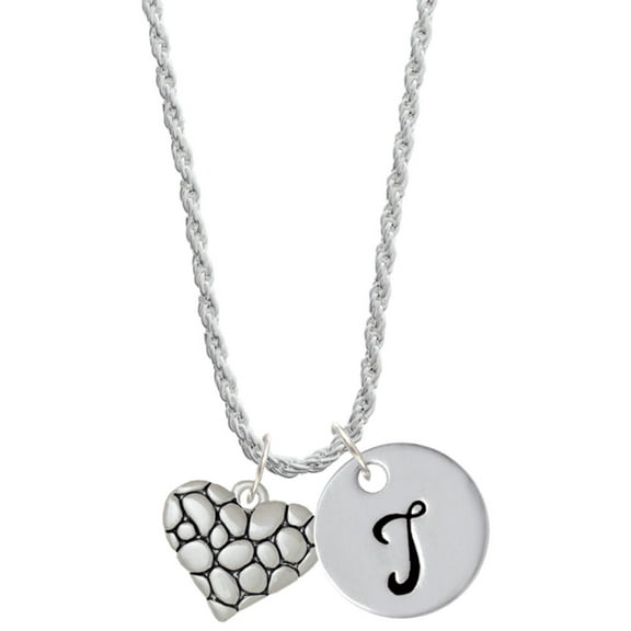 Delight Jewelry Silvertone Pebble Heart Silvertone Script Initial Disc - T - Charm Necklace, 20"+3"
