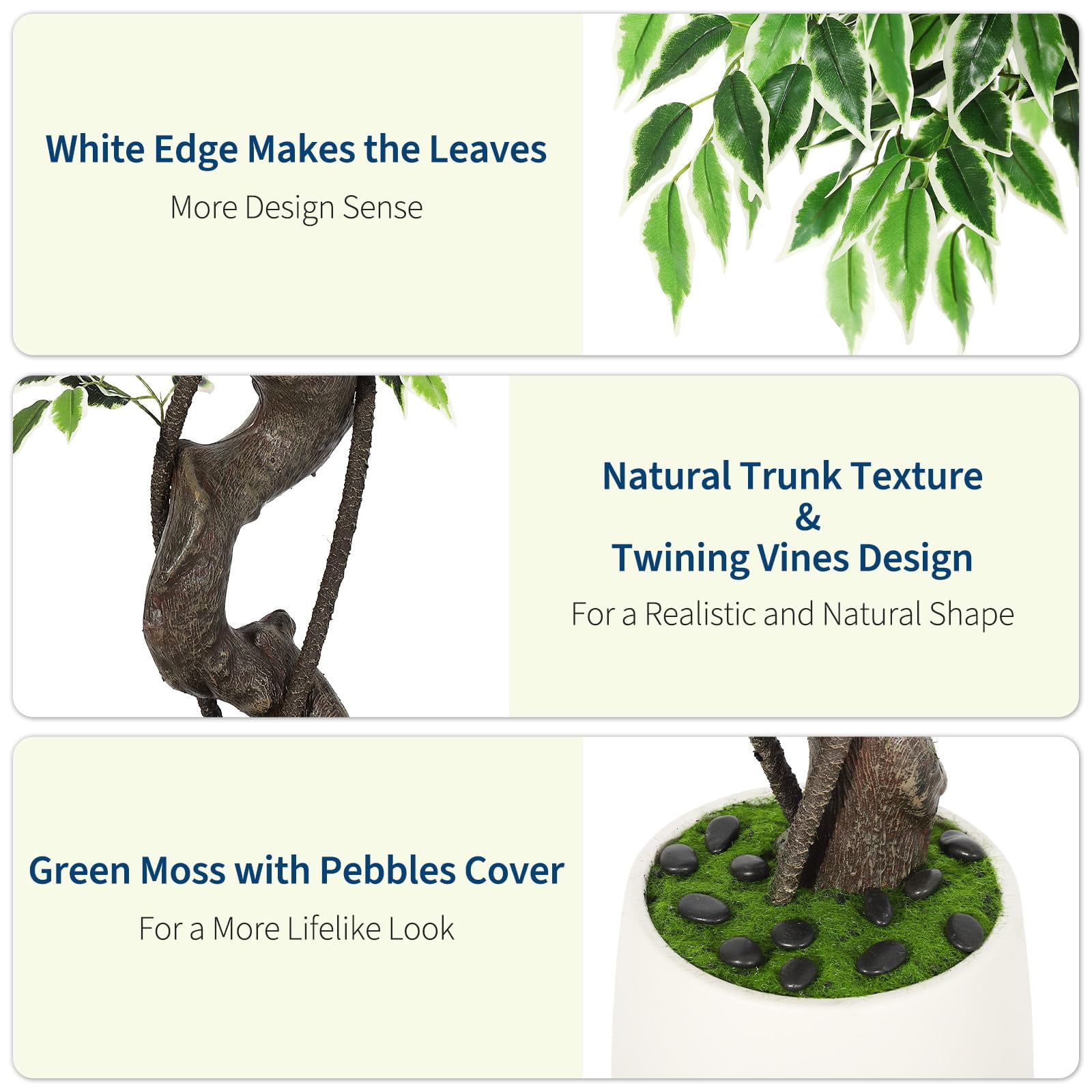 Ataucjin 4FT Artificial Ficus Tree,Faux Floor Tree White Imitation Ceramic Planter, Indoor Outdoor Lifelike Fake Ficus Tree with Pebbles & Green Fake Moss for Office Home Decor