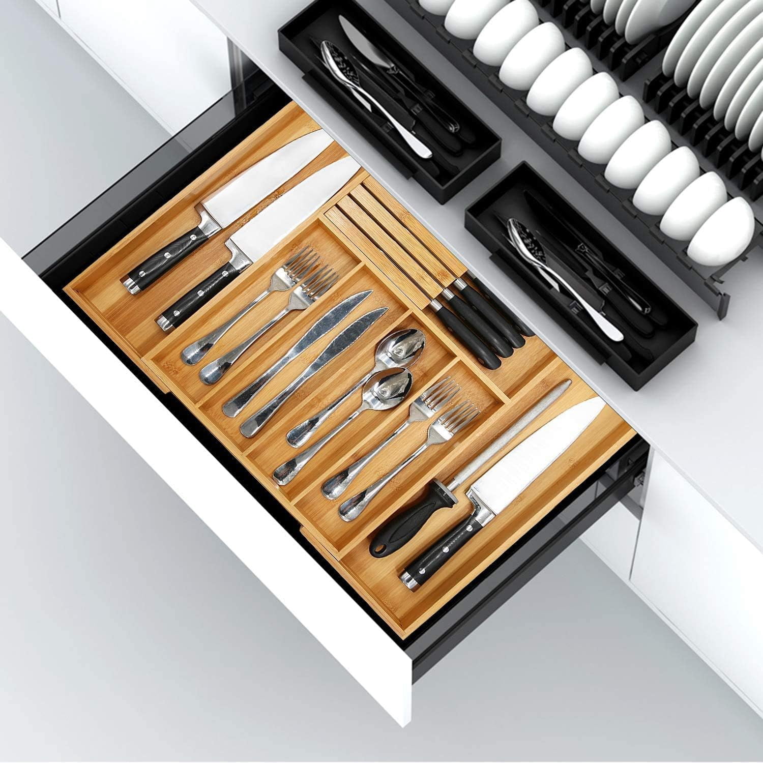 Utoplike Silverware Drawer Organizer Kitchen, Bamboo Cutlery Tray with Knife Block, Expandable Utensil Organizer Wooden
