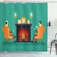 thumbnail image 1 of Fireplace Shower Curtain, Cartoon of Classic Look Log Fire Design and Gentlemen Drink Tea, Fabric Bathroom Set with Hooks, 69W X 84L Inches Extra Long, Dark Seafoam and Multicolor, by Ambesonne, 1 of 3