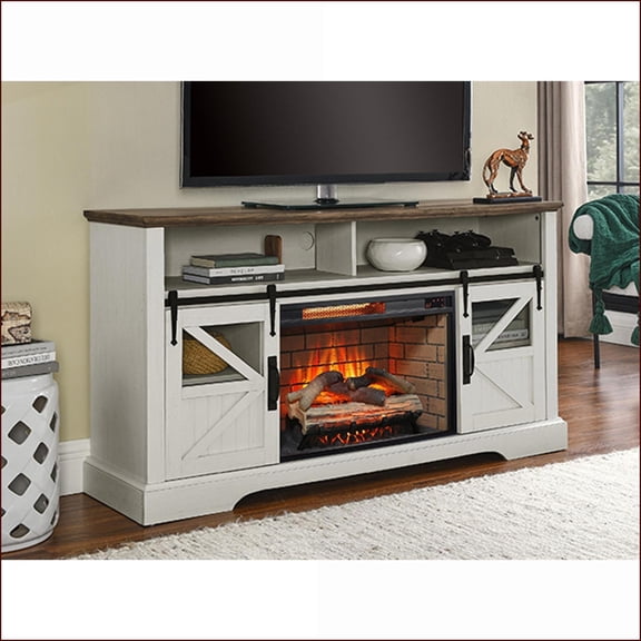 Electric Fireplace 60 Inch Farmhouse Entertainment Center with Door Sensor | Jasmine White | Insert