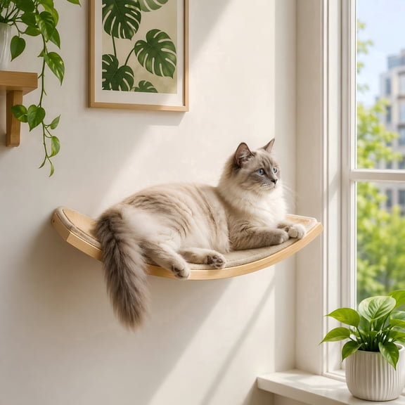 Peluomoz Curved Wood Cat Wall Perch – Wall-Mounted Floating Indoor Platform with Sisal Mat (Sleeper & Climb Shelf)