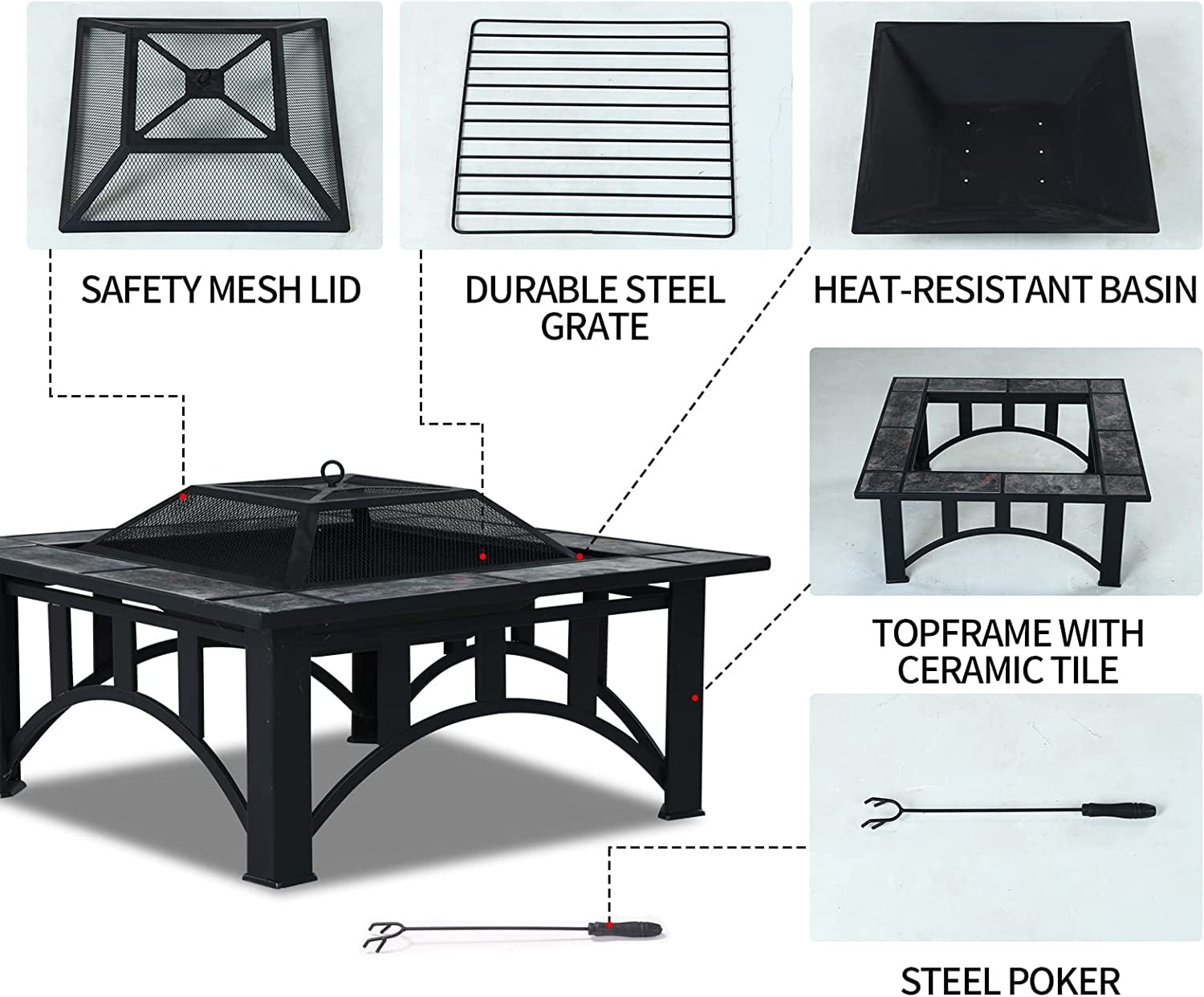 Grand Patio 33" Square Ceramic Top Wood Burning Fire Pit Table with Spark Screen and Poker
