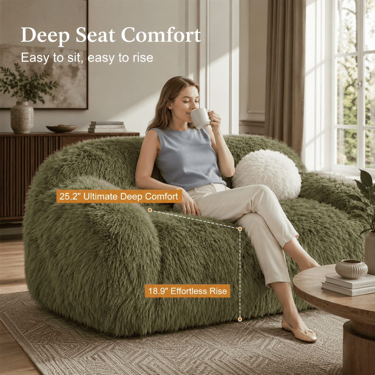 Aenkyo 84 Inch Plush Faux Fur Sofa, 25 Inch Deep Seat 3-Seater Couch with Ball Pillow, Green
