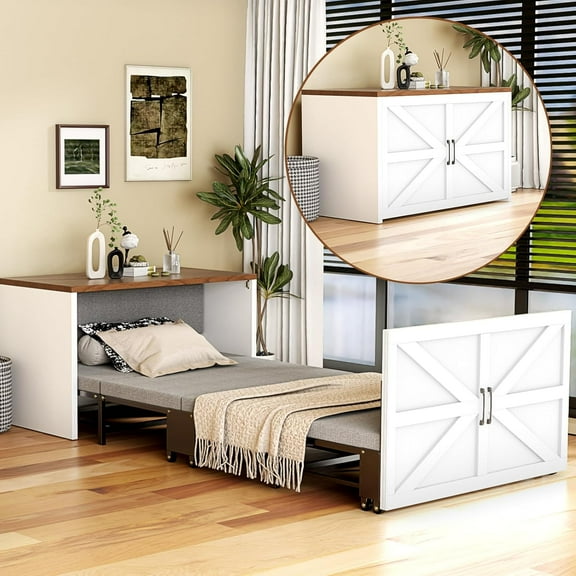 MOPHOTO Murphy Bed Cabinet with Mattress,Hideaway Foldable Beds Space-Saving Pull Out Wooden Murphy Bed Chest for Home Office Guest Room Bedroom Living Room(Twin)