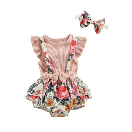 

Nokpsedcb 3PCS Newborn Baby Girls Solid Color T-Shirt Suspenders Pantie and Hairband Summer Outfits Rose Lily 0-3 Months
