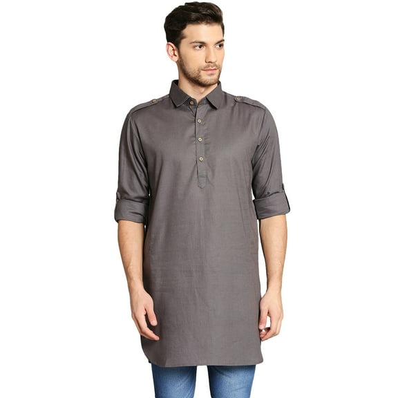 In-Sattva Men's Pullover Pathani Rollup Sleeve Kurta Tunic with Shoulder Strap; Grey; MD