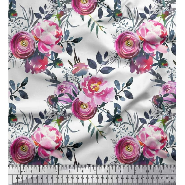 Soimoi White Poly Georgette Fabric Ranunculus & Penoy Floral Print Fabric by the Yard 52 Inch Wide
