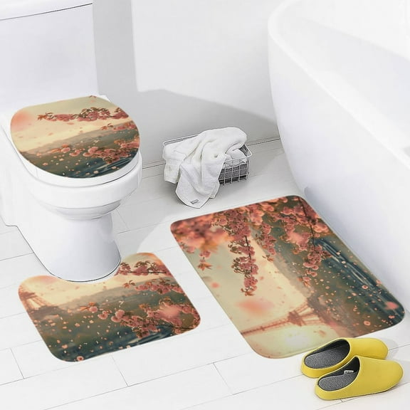 Blossoming Paris Eiffel Tower Bathroom Mats Set of 3 Pieces，Non Slip Non Slip Mats, Washable Mats, Decorative Carpets for Bathrooms, Kitchens, And Bedrooms.