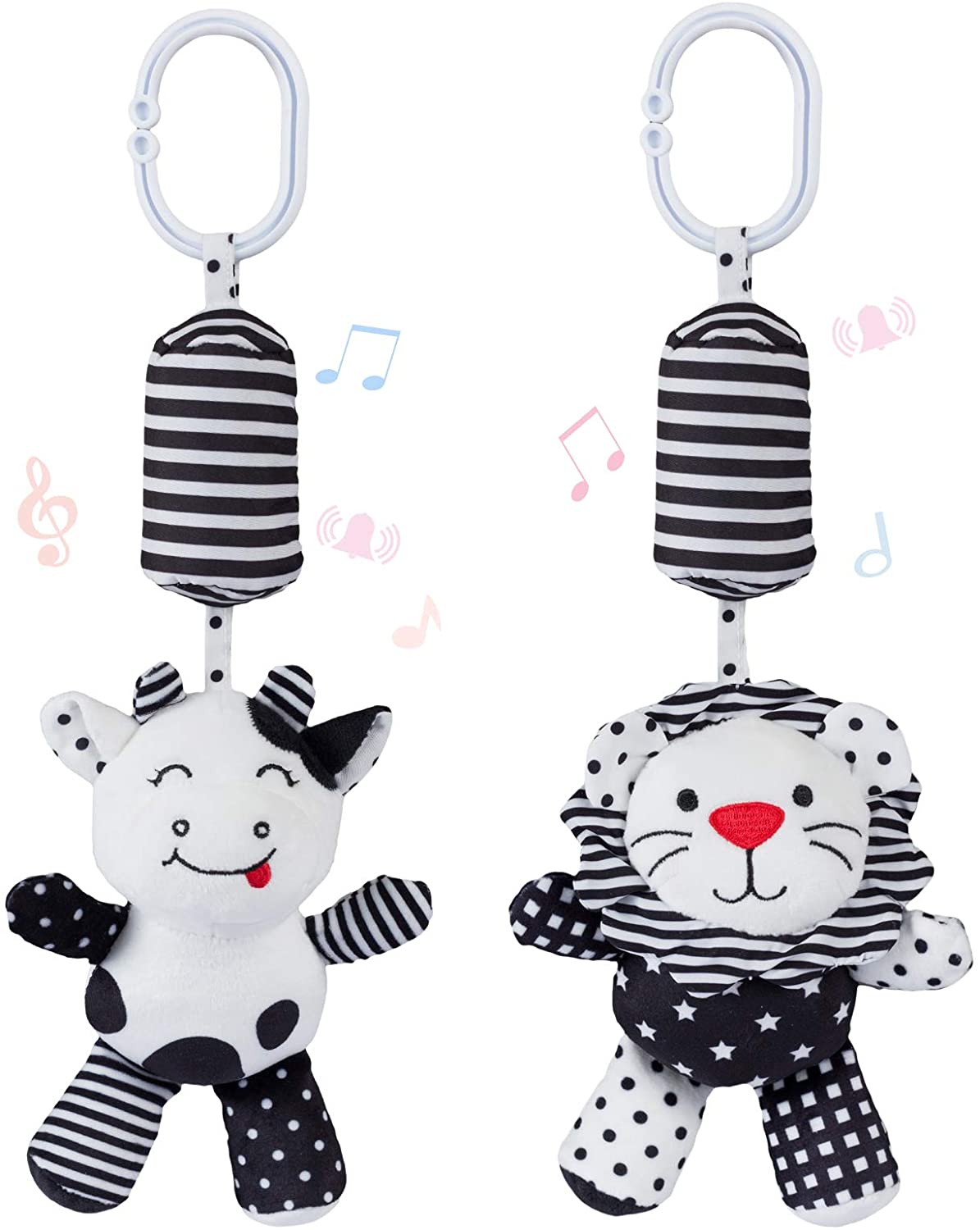 Animal rattle toys, suitable for babies with sound-2 soft cartoon hanging rattle toys-black and white car seat and stroller toys, suitable for 3-6-12 months