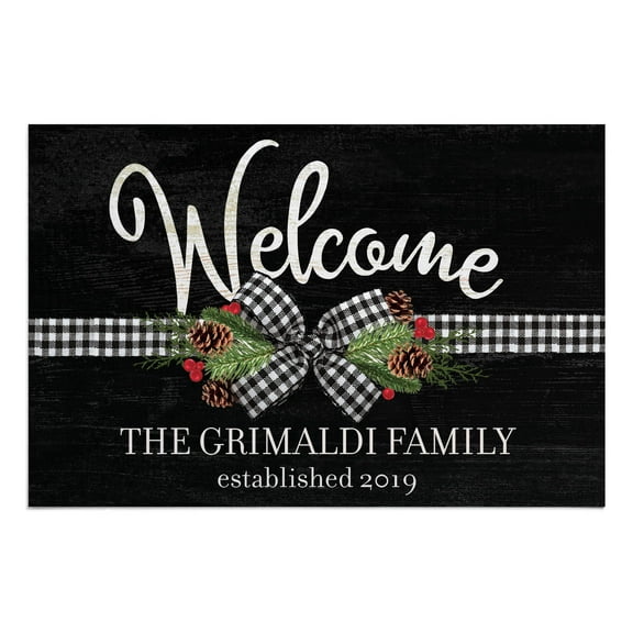 Personalized Planet 27x18 Plaid Christmas Bow and Pine Welcome Doormat with Custom Personalization Printed on Black Rectangular 1/8” Thick Non Slip Mat for Kitchen Hallway Deck or Porch