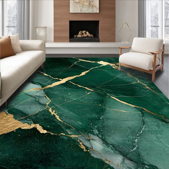 ODIKA 4'x6' Machine Washable Non-Slip Area Rug, Modern Dark Green Marble Watercolor Gold Veins Floor High Traffic Rug, Green, 94102