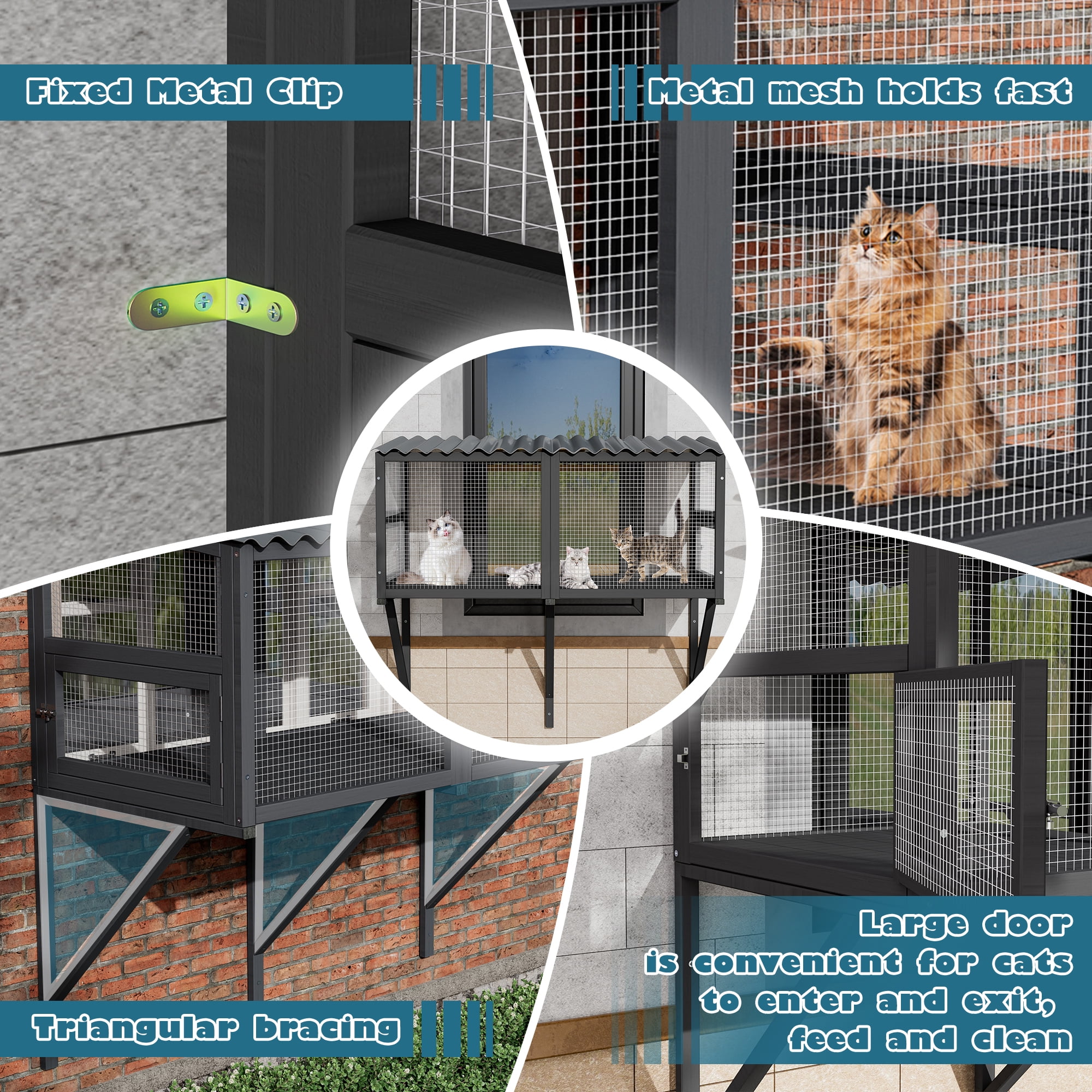 Haverchair Catio Cat Window Perch Outdoor, 360° Catio Cat Enclosure Window for Indoor Cat with Waterproof Roof, Cat Window Box with Metal Mesh Cat Door for Sunbathing, Napping, Overlook