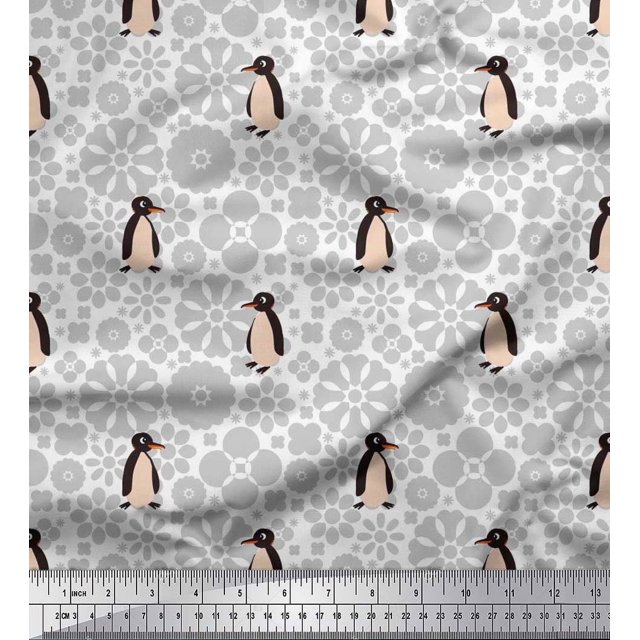 Soimoi Silk Fabric Floral & Penguin Ocean Print Fabric by Yard 42 Inch Wide