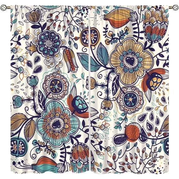 Boho Floral Window Curtains Rustic Bohemian Bohemian Floral Modern Art Home Decor Rod Pocket Drapes for Bedroom Living Room 55 in x 63 in Decor