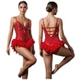 thumbnail image 2 of Aislor Women Rhinestones Feather Dacne Leotard Sleeveless Ballet Unitard Cocktail Party Dress Stage Wear Red S, 2 of 7