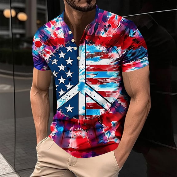 LIBRCLO Henley Shirts for Men Short Sleeve Button Down Shirts Independence Day Printing Tops