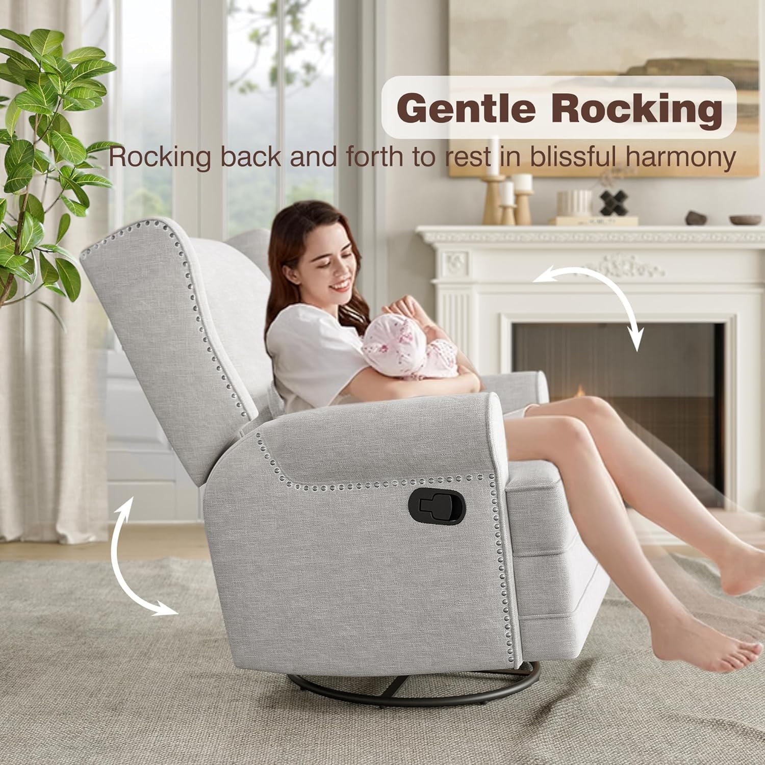 Heynemo Swivel Nursery Glider Recliner Comfy Upholstered Glider Chair Swivel Rocking Chair for Living Room, Gray