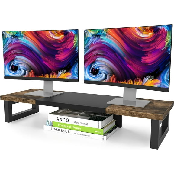 Dual Monitor Stand Riser, Wood and Steel Monitor Stand Riser, Computer Monitor Stand for 2 Monitors, Multi-Purpose Desktop Storage Stand for Computer,Laptop,Printer,TV