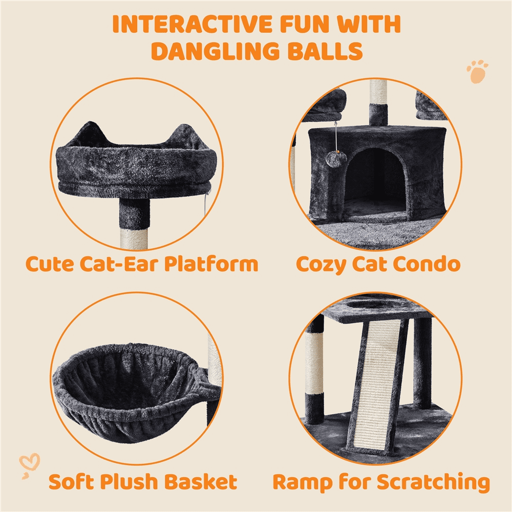Yaheetech 68.9'' Large Cat Tree Tower with 2 Condos and Scratching Post, Black