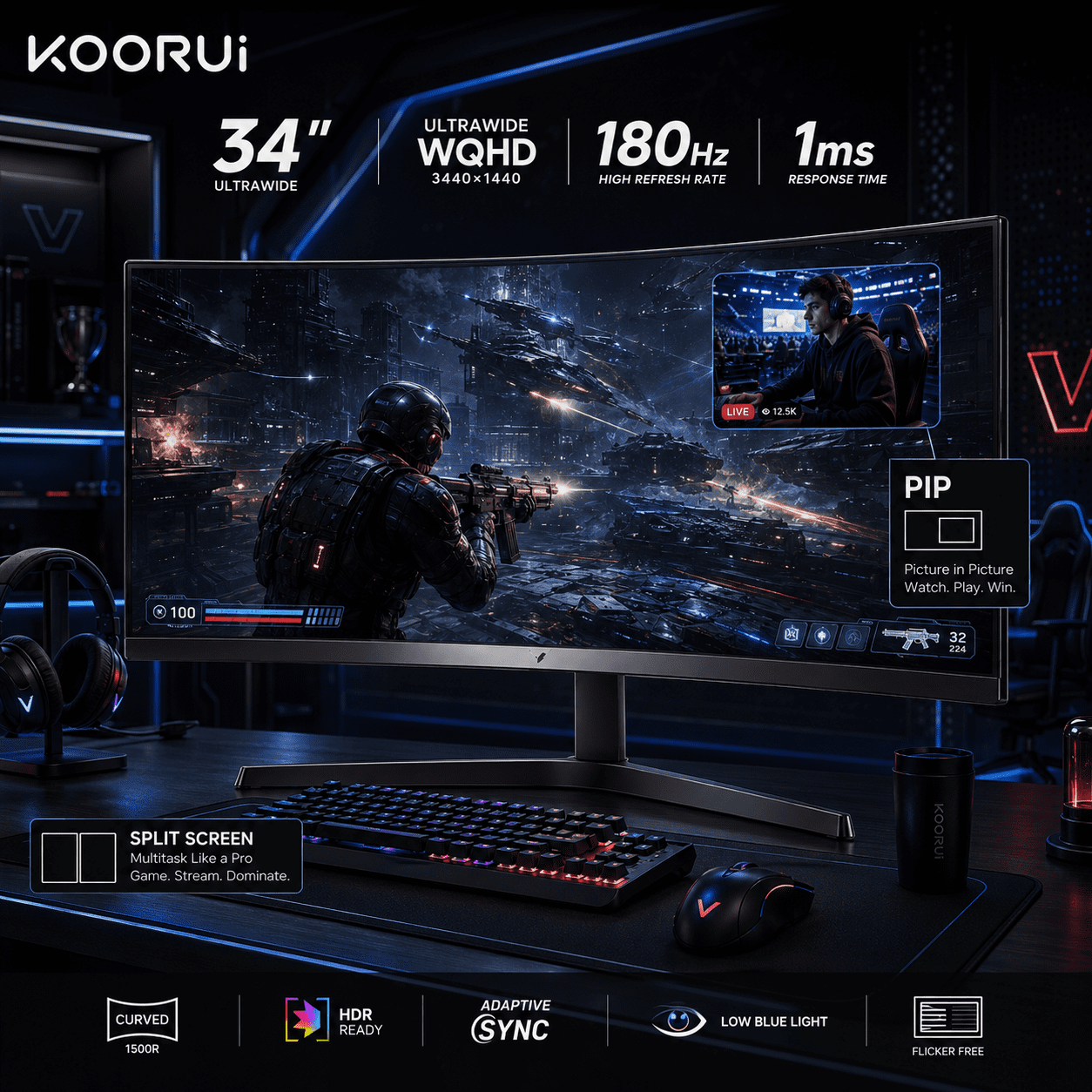 KOORUI 34''  WQHD Curved Gaming Monitor, 180Hz Ultrawide Monitor, 3440×1440p 1ms(MPRT) HDR400, Black