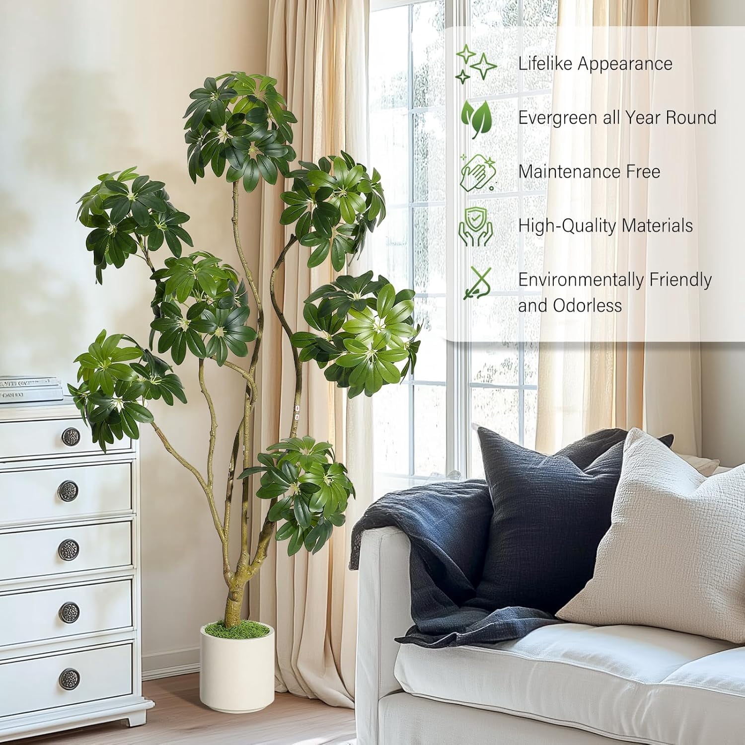 Litake 5 ft Tall Fake Plant Indoor,Faux Floor Tree Fake Trees in Decorative White Planter with Multiple Trunks Design, Artificial Umbrella Schefflera Tree for Home Offices Porch Decor